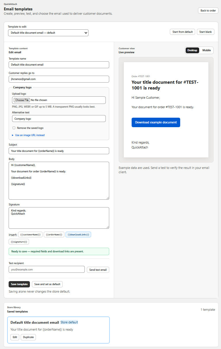 QuickAttach email template editor and customer preview