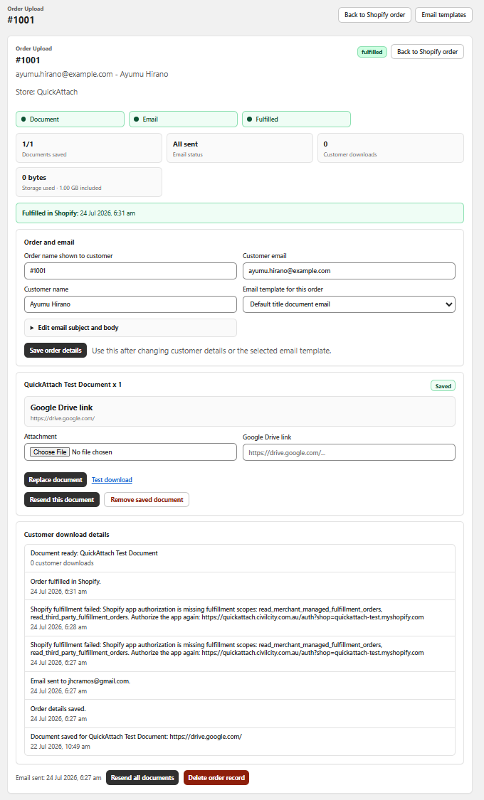 QuickAttach order upload screen showing customer-specific files attached inside a Shopify order workflow